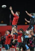 28 February 2015; Sean Dougall, Munster, takes the ball in the lineout against James Eddie, Glasgow Warriors. Guinness PRO12, Round 16, Munster v Glasgow Warriors. Irish Independent Park, Cork. Picture credit: Matt Browne / SPORTSFILE