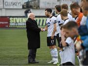 28 February 2015; Richie Towell, Dundalk FC, greets President Michael D. Higgins. Presidents Cup Final, Dundalk FC v St. Patrick's Athletic. Oriel Park, Dundalk, Co. Louth. Photo by Sportsfile