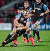28 February 2015; Connor Braid, Glasgow Warriors, is tackled by Billy Holland, Munster. Guinness PRO12, Round 16, Munster v Glasgow Warriors. Irish Independent Park, Cork. Picture credit: Matt Browne / SPORTSFILE