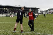 1 March 2015; Westmeath manager Tom Cribbin shakes hands with his goalkeeper and selector Gary Connaughton before starting his first game after coming out of retirement. Allianz Football League Division 2 Round 3, Kildare v Westmeath. St Conleth's Park, Newbridge, Co. Kildare. Picture credit: Piaras Ó Mídheach / SPORTSFILE