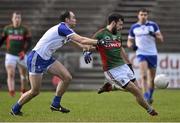 1 March 2015; Kevin McLoughlin, Mayo, in action against Paul Finlay, Monaghan. Allianz Football League, Division 1, Round 3, Mayo v Monaghan. Elverys MacHale Park, Castlebar, Co. Mayo. Picture credit: David Maher / SPORTSFILE