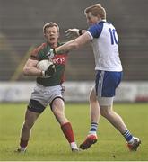 1 March 2015; Donal Vaughan, Mayo, in action against Kieran Hughes, Monaghan. Allianz Football League, Division 1, Round 3, Mayo v Monaghan. Elverys MacHale Park, Castlebar, Co. Mayo. Picture credit: David Maher / SPORTSFILE