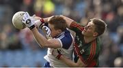 1 March 2015; Kieran Hughes, Monaghan, in action against Kevin Keane, Mayo. Allianz Football League, Division 1, Round 3, Mayo v Monaghan. Elverys MacHale Park, Castlebar, Co. Mayo. Picture credit: David Maher / SPORTSFILE