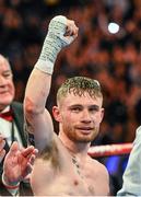 28 February 2015; Carl Frampton after a fifth round stoppage against Chris Avalos in their IBF Super-Bantamweight World Title fight. The World is Not Enough, Odyssey Arena, Belfast, Co. Antrim. Picture credit: Ramsey Cardy / SPORTSFILE