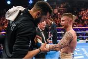 28 February 2015; Carl Frampton has his hands unwrapped after a fifth round stoppage against Chris Avalos in their IBF Super-Bantamweight World Title fight. The World is Not Enough, Odyssey Arena, Belfast, Co. Antrim. Picture credit: Ramsey Cardy / SPORTSFILE