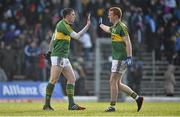 1 March 2015; Kerry's David Moran, left, and Johnny Buckley celebrate after victory over Dublin. Allianz Football League, Division 1, Round 3, Kerry v Dublin. Fitzgerald Stadium, Killarney, Co. Kerry. Picture credit: Diarmuid Greene / SPORTSFILE