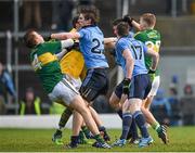1 March 2015; Michael Fitzsimons, Dublin, clashes with Fionn Fitzgerald, Kerry. Fitzsimons was suqsequently sent off by referee Eddie Kinsella following this incident. Allianz Football League, Division 1, Round 3, Kerry v Dublin. Fitzgerald Stadium, Killarney, Co. Kerry. Picture credit: Diarmuid Greene / SPORTSFILE