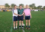 26 January 2008; Team captains Caroline O'Hanlon, left, Armagh and 2006 All Stars, and Juliet Muphy, Cork and 2007 All Stars, with Referee Declan Corcoran, from Mayo, before the game. Exhibition Game, 2006 O'Neills/TG4 Ladies GAA All Stars v 2007 O'Neills/TG4 Ladies GAA All Stars, Dubai Polo and Equestrian Club, Dubai, United Arab Emirates. Picture credit: Brendan Moran / SPORTSFILE  *** Local Caption ***