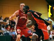 27 January 2008; Michael Bonaparte, DART Killester, in action against Kieran Donaghy, Abrakebabra Tigers. Nivea for Men's Superleague National Cup Final 2008, Abrakebabra Tigers, Kerry v DART Killester, Dublin, National Basketball Arena, Tallaght, Dublin. Picture credit: Brian Lawless / SPORTSFILE  *** Local Caption ***