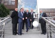 28 January 2008; An Taoiseach Bertie Ahern T.D, shows off his football skills to, from left, Paul Caffrey, Dublin manager, Jason Ryan, Wexford manager, Brendan Murphy, Chief Executive of Allianz, Nickey Brennan, President of the GAA and Brian McIver, Donegal manager, at the official launch the Allianz National Football Leagues 2008. Allianz Ireland, Burlington House Burlington Road, Dublin. Picture credit: David Maher / SPORTSFILE