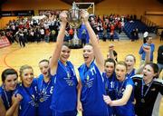 29 January 2008; Joint captains Claire Rockall, left, and Nicola O'Connell, Calasanctius Oranmore, lift the cup. U19A Girls, All-Ireland Schools Basketball Cup Final, Presentation Thurles, Tipperary v Calasanctius Oranmore, Galway, National Basketball Arena, Tallaght, Dublin. Picture credit: Brian Lawless / SPORTSFILE