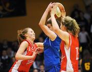 29 January 2008; Claire Rockall, Calasanctius Oranmore, in action against Emma Carey, left, and Eimear Quinlan, Presentation Thurles. U19A Girls, All-Ireland Schools Basketball Cup Final, Presentation Thurles, Tipperary v Calasanctius Oranmore, Galway, National Basketball Arena, Tallaght, Dublin. Picture credit: Brian Lawless / SPORTSFILE