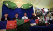 18 May 2000; Lansdowne captain David O'Mahony, head coach Michael Cosgrave, St Mary's head coach Brent Pope and captain Trevor Brennan during a press conference ahead of the AIB All-Ireland League Final between Lansdowne and St Mary’s, at Lansdowne Road in Dublin. Photo by Brendan Moran/Sportsfile