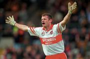 20 May 2000; Derry captain Anthony Tohill celebrates after scoring his side's goal during during the Church & General National Football League Final Replay match between Derry and Meath at St Tiernach's Park in Clones, Monaghan. Photo by Aoife Rice/Sportsfile