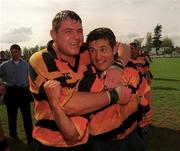14 May 2000; Man of the Match Barry Everitt of Lansdowne, right, celebrates with team-mate  Reggie Corrigan following their side's victory during the AIB All-Ireland League Semi-Final match between Terenure and Lansdowne at Lakelands Park in Dublin. Photo by Matt Browne/Sportsfile