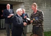 29 April 2000; IRFU President Billy Lavery presents the AIB All-Ireland League Division 2 trophy to Blackrock captain Leo Cullen, in the presence of Jim Leydon, left, Blackrock Club President and Michael Carew, AIB Bank, following the AIB All-Ireland League Division 2 match between Blackrock College and Old Crescent at Stradbrook Road in Dublin. Photo by Ray McManus/Sportsfile
