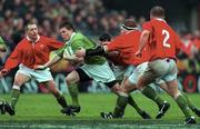 1 April 2000; Brian O'Driscoll of Ireland in action against Wales players, from left, Allan Bateman, Stephen Jones, David Young and Garin Jenkins during the Lloyds TSB 6 Nations match between Ireland and Wales at Lansdowne Road in Dublin. Photo by Brendan Moran/Sportsfile