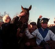 2 February 1997; Trainer Thomas Foley, left, and jockey Tommy Treacy celebrate after sending out Danoli to win the Hennessy Cognac Gold Cup at Leopardstown Racecourse in Dublin. Photo by Brendan Moran/Sportsfile