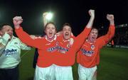 5 May 2000; Shelbourne players, from left, Dessie Baker, Stephen Geoghegan and Richie Baker celebrate following their side's victory during the FAI Cup Final Replay match between Shelbourne and Bohemians at Dalymount Park in Dublin. Photo by Damien Eagers/Sportsfile