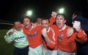 5 May 2000; Shelbourne players, from left, Dessie Baker, Stephen Geoghegan and Richie Baker celebrate following their side's victory during the FAI Cup Final Replay match between Shelbourne and Bohemians at Dalymount Park in Dublin. Photo by Damien Eagers/Sportsfile
