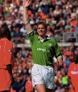 21 May 2000; Dominic Foley of Republic of Ireland XI celebrates after scoring his side's first goal during the Steve Staunton and Tony Cascarino Testimonial match between Republic of Ireland XI and Liverpool at Lansdowne Road in Dublin. Photo by Damien Eagers/Sportsfile