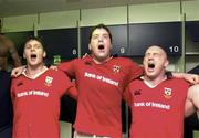 6 May 2000; Munster players, from left, David Wallace, Anthony Foley and Keith Wood celebrate following their side's victory during the Heineken Cup Semi-Final match between Toulouse and Munster at the Stade du Parc Lescure in Bordeaux, France. Photo by Matt Browne/Sportsfile