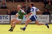 14 May 2000; Liam McBarron of Fermanagh in action against Colm McCaul of Monaghan during the Bank of Ireland Ulster Senior Football Championship Preliminary Round match between Fermanagh and Monaghan at Brewster Park in Enniskillen, Fermanagh. Photo by Damien Eagers/Sportsfile
