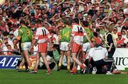 7 May 2000; Graham Geraghty of Meath, 14, leaves the field as he is shown a red card by referee Michael Curley during the Church & General National Football League Final between Derry and Meath at Croke Park in Dublin. Photo by Brendan Moran/Sportsfile
