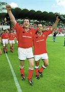 6 May 2000; Anthony Foley, left, and Mike Mullins of Munster celebrate following their side's victory during the Heineken Cup Semi-Final match between Toulouse and Munster at the Stade du Parc Lescure in Bordeaux, France. Photo by Brendan Moran/Sportsfile
