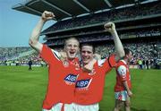 7 May 2000; JP Rooney, left, and Nicky Malone of Louth celebrate following their side's victory during the Church & General National Football League Division 2 Final match between Louth and Offaly at Croke Park in Dublin. Photo by Brendan Moran/Sportsfile