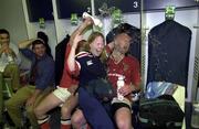 6 May 2000; Munster players Peter Clohessy, left, and John Hayes celebrate with team physiotherapists Nikki Davis in the changing rooms following their side's victory during the Heineken Cup Semi-Final match between Toulouse and Munster at the Stade du Parc Lescure in Bordeaux, France. Photo by Matt Browne/Sportsfile