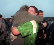 26 April 2000; Pat Ahern of Limerick celebrates with supporters following his side's victory during the All-Ireland Under 21 Football Championship Semi-Final match between Limerick and Westmeath at O'Moore Park in Porlaoise, Laois. Photo by Damien Eagers/Sportsfile