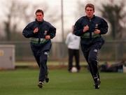 25 April 2000; Steve Finnan, left, and Richard Dunne during a Republic of Ireland training session at the AUL Complex in Clonshaugh, Dublin. Photo by Damien Eagers/Sportsfile
