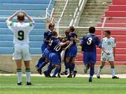 3 May 2000; Leonard Walker, left, and Sean Dillon of Republic of Ireland look on in despair as Russia players celebrate their side's second goal during the UEFA U16 European Championship Finals match between Russia and Republic of Ireland at Be'er Sheva Municipal Stadium in Be'er Sheva, Israel. Photo by David Maher/Sportsfile