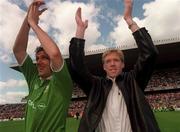 21 May 2000; Tony Cascarino, left, and Steve Staunton applaud the crowd following their Testimonial match between Republic of Ireland XI and Liverpool at Lansdowne Road in Dublin. Photo by Brendan Moran/Sportsfile