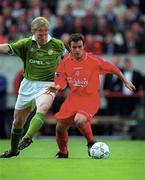 21 May 2000; David Thompson of Liverpool in action against Steve Staunton of Republic of Ireland XI during the Steve Staunton and Tony Cascarino Testimonial match between Republic of Ireland XI and Liverpool at Lansdowne Road in Dublin. Photo by Brendan Moran/Sportsfile