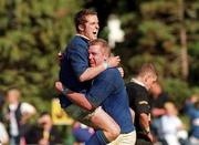 13 May 2000; Victor Costello of St Mary's, right, celebrates with team-mate Ross Doyle after scoring a try during the AIB All-Ireland League Semi-Final match between St Mary’s and Ballymena at Templeville Road in Dublin. Photo by Matt Browne/Sportsfile