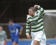 12 April 2004; Keith O'Halloran of Shamrock Rovers celebrates after scoring his side's first goal during the Eircom League Premier Division match between Shamrock Rovers and Waterford United at Richmond Park in Dublin. Photo by Brendan Moran/Sportsfile