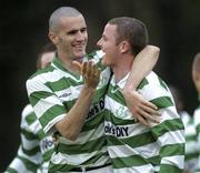 12 April 2004; Keith O'Halloran of Shamrock Rovers, right, is congratulated by team-mate Paul Caffrey after scoring his side's first goal during the Eircom League Premier Division match between Shamrock Rovers and Waterford United at Richmond Park in Dublin. Photo by Brendan Moran/Sportsfile