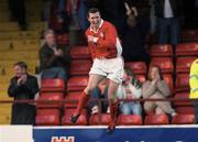 16 April 2004; Jason Byrne of Shelbourne celebrates after scoring his side's first goal during the Eircom League Premier Division match Shelbourne and Longford Town at Tolka Park in Dublin. Photo by Damien Eagers/Sportsfile