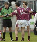 18 April 2004; Padraig Joyce, Galway, centre, appeals to referee Michael Monahan after being shown the red card during the Allianz National Football League Division 1 Semi-Final match between Tyrone and Galway at Healy Park in Omagh, Tyrone. Photo by Damien Eagers/Sportsfile