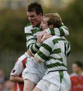 23 April 2004; Mark O'Brien of Shamrock Rovers, left, celebrates with team-mate Stephen Gough after scoring his side's first goal during the Eircom League Premier Division match between Shamrock Rovers and St Patrick's Athletic at Richmond Park in Dublin. Photo by David Maher/Sportsfile
