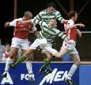 23 April 2004; Paul Osam, left, and Colm Foley of St Patrick's Athletic in action against Trevor Croly and Terry Palmer of Shamrock Rovers during the Eircom League Premier Division match between Shamrock Rovers and St Patrick's Athletic at Richmond Park in Dublin. Photo by David Maher/Sportsfile