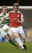 23 April 2004; Aidan O'Keefe of St Patrick's Athletic in action against Stephen Gough of Shamrock Rovers during the Eircom League Premier Division match between Shamrock Rovers and St Patrick's Athletic at Richmond Park in Dublin. Photo by David Maher/Sportsfile