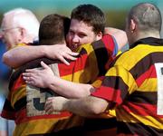 24 April 2004; Derek Dornan, centre, and Danni Marquez of Lansdowne congratulate each other following their side's victory during the Leddin Finance Leinster Junior 1 League Final match between UCD and Lansdowne at Donnybrook Stadium in Dublin. Photo by Brian Lawless/Sportsfile