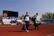 27 April 2004; Republic of Ireland manager Brian Kerr and goalkeeping coach Packie Bonner arrive prior to a Republic of Ireland training session at the Zdzis aw Krzyszkowiak Stadium in Bydgoszcz, Poland. Photo by David Maher/Sportsfile
