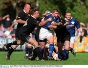 13 May 2000. Peter Smyth, St Mary's is tackled by Mark Blair and Mark Edwards, Ballymena. All-Ireland League Rugby semi-final, St Mary's v Ballymena, Templeville Road, Dublin. Picture creditl; Matt Browne/SPORTSFILE