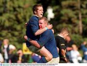 13 May 2000. Victor Costello, St Mary's celebrates his try with team-mate Ross Doyle. All-Ireland League Rugby semi-final, St Mary's v Ballymena, Templeville Road, Dublin. Picture creditl; Matt Browne/SPORTSFILE