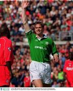 21 May 2000; Dominic Foley celebrates after scoring, Steve Staunton and Tony Cascarino Testimonial match, Rep of Ireland X1 v Liverpool, Soccer, Lansdowne Road, Dublin. Picture credit; Damien Eagers/SPORTSFILE