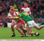 20 May 2000; Derry's Henry Downey is tackled by Meath's Tommy Dowd, 18 and Ronan Fitzsimons. Derry v Meath, National Football League Final Replay, St Tighearnach's Park, Clones. Picture credit; Aoife Rice/SPORTSFILE
